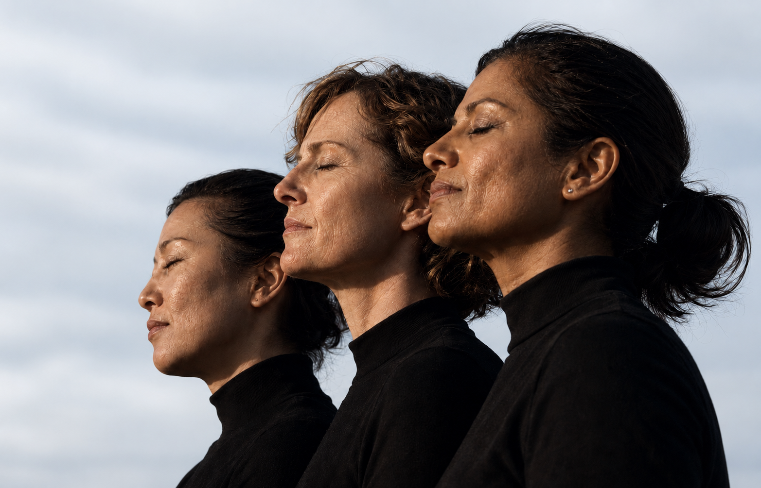 Three women standing in profile, calm and confident in natural light